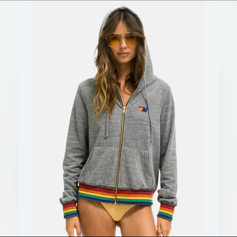 AVIATOR NATION RAINBOW RIB HOODIE-GREY Size M Excellent Condition